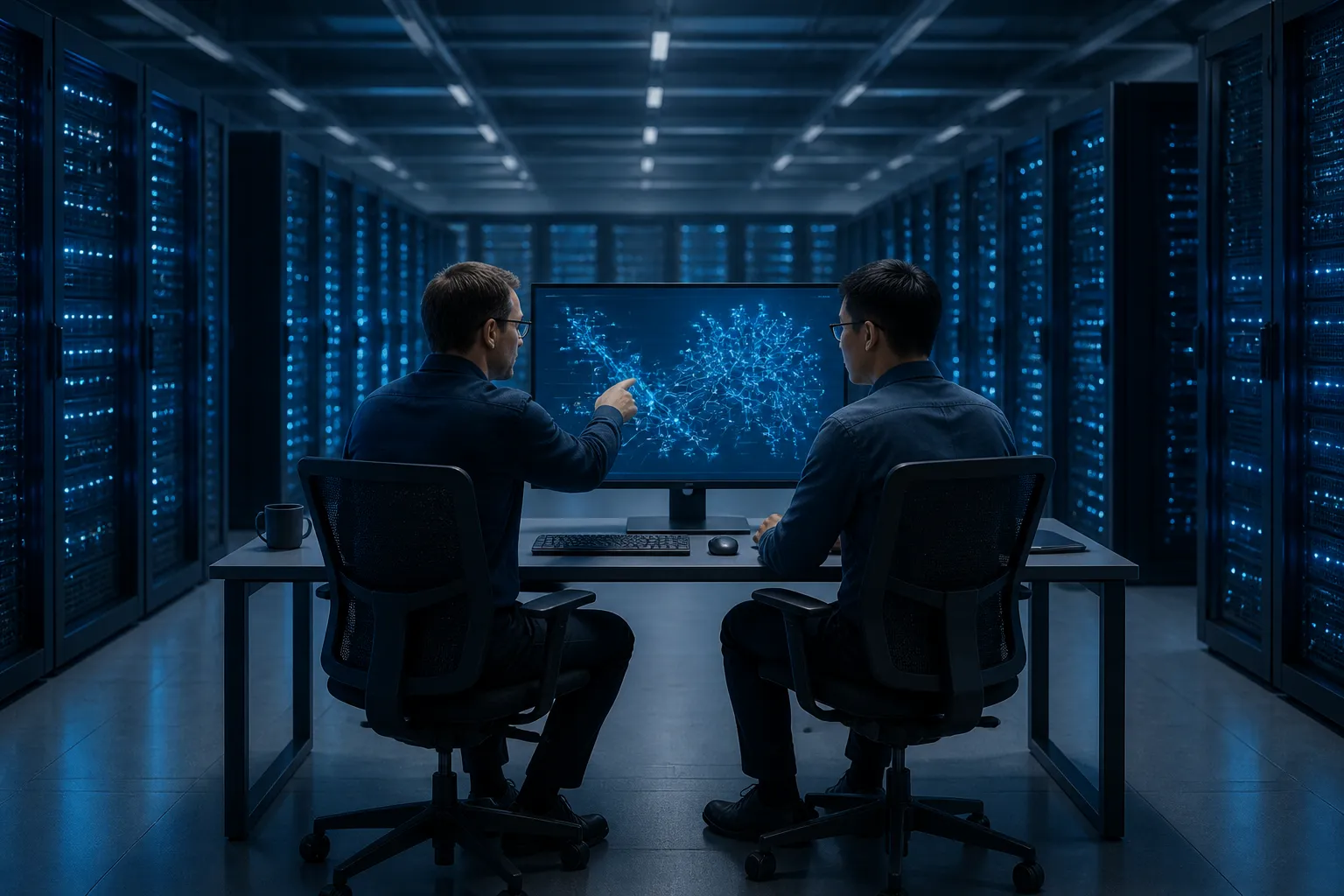 Engineers reviewing production AI architecture in an enterprise environment