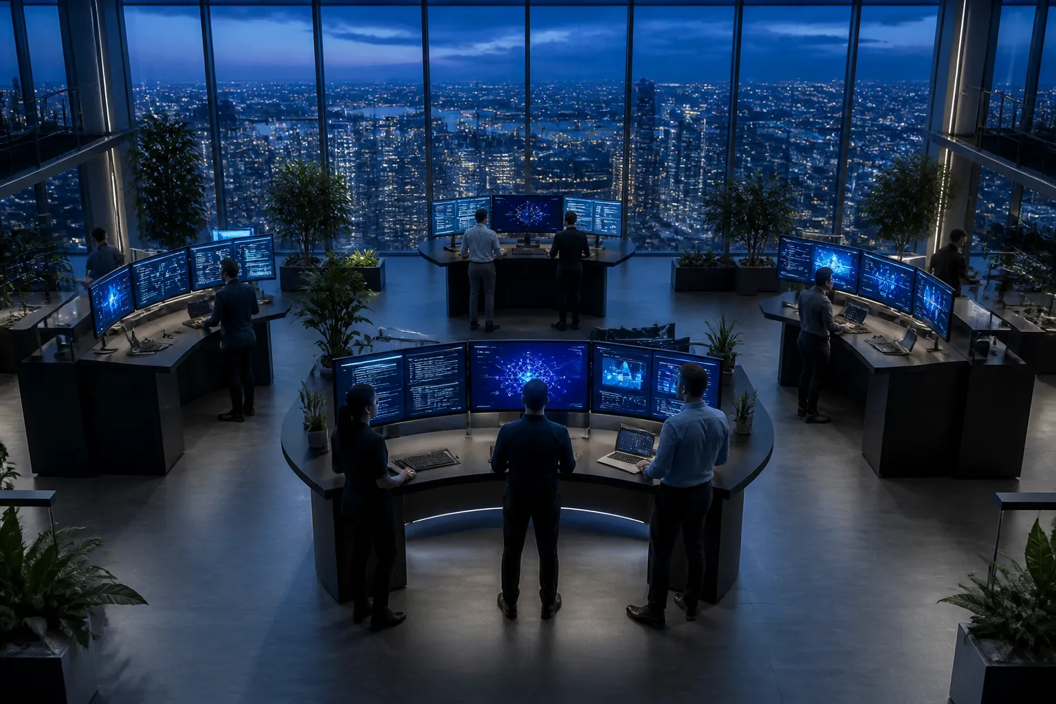 Enterprise technology team collaborating on AI production architecture